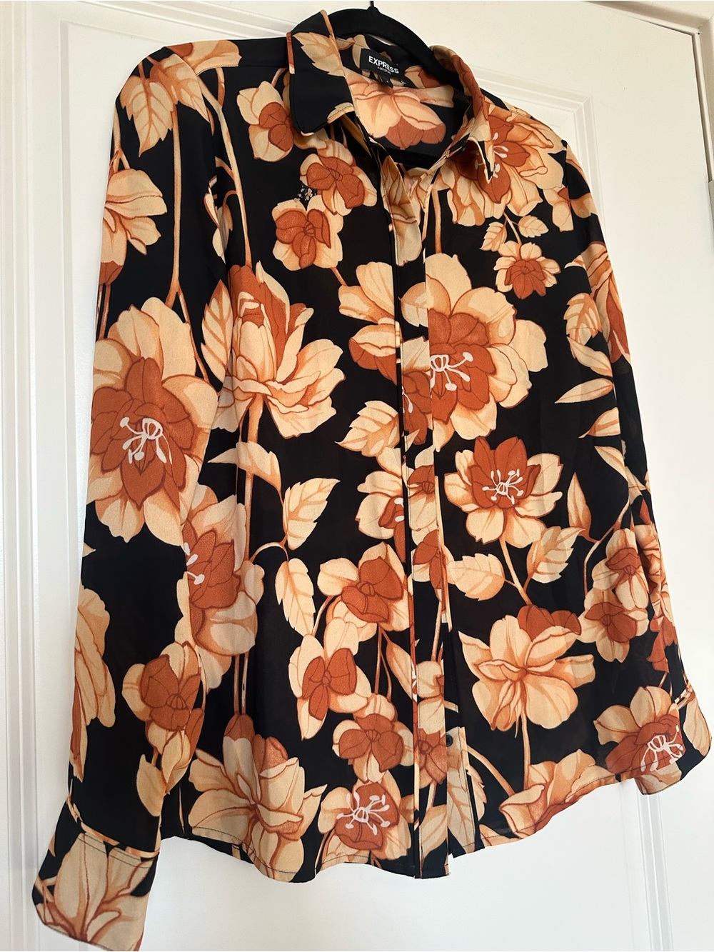 Express Black Floral Button-Up Blouse with Orange and Cream Blooms